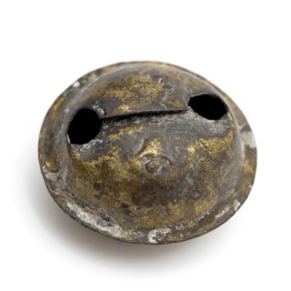 Brass bell of rattle, musical instrument or harness, marked, bell sounding device Soil discovery copper brass metal, soldered