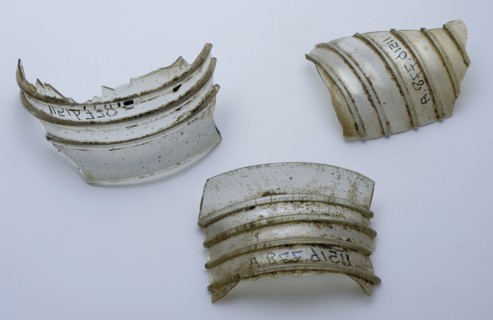 Three fragments of bandwurmbeker wall, drinking cup drinking vessel holder soil find glass, hand-blown glass application Three