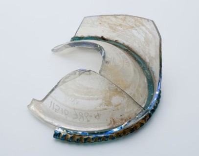 Two fragments of bottom, foot and part wall of smooth cup, drinking cup drinking vessel holder soil find glass, hand-blown glass
