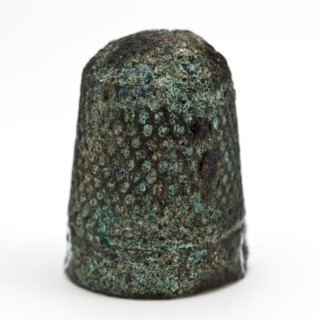 Copper molded thimble, thimble sewing kit soil find copper metal, cast Copper molded children's thimble with wells in lines