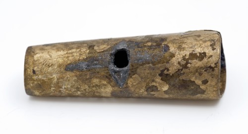 Conical brass tube with hole in side wall, artifact soil found brass metal, Hollow tapered pipe with hole in the side wall
