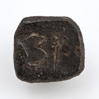Flat rectangular metal weight or playing stone, marked, weight game ground find lead tin copper metal, cast engraved Square