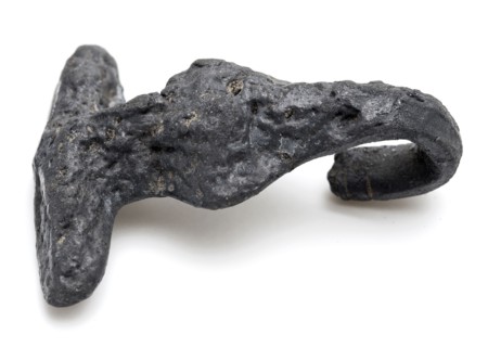 T-shaped hook, artifact foundations tin metal, T-shape including knot and flared back hook Back smooth and front irregular