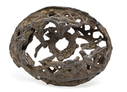 Oval, open-worked pewter object, artifact soil find tin metal, Oval of cut-away metalwork. Completely bent and is not closed