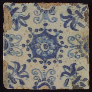 Tile, blue on white, central flower within star shape, three-piece around, half rosette, corner pattern lily, wall tile