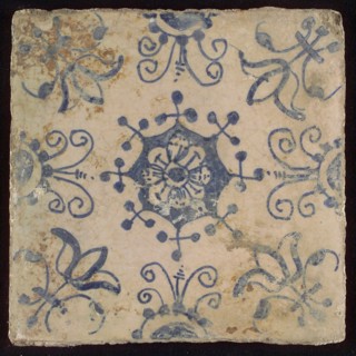 Tile, blue on white, centrally flower inside star shape, three-piece around, half rosette, corner pattern lily, wall tile