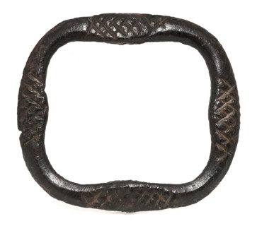 Shoe buckle, buckle decorated with embossed grid pattern, clasp fastener component soil find bronze copper metal, cast shoe Shoe