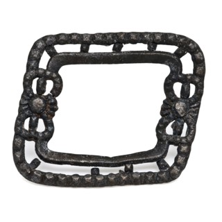 Pewter buckle with open frame, two bows, buckle fastener component soil find tin metal, cast Pewter clasp: rectangular openwork