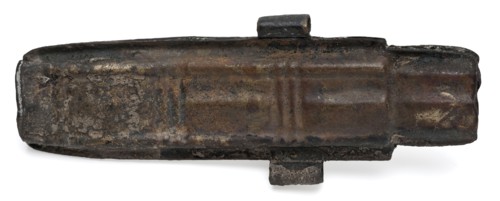 Needle case, tube holder soil find brass copper metal, Flattened oval tube with bottom. The top is narrower than the tube itself