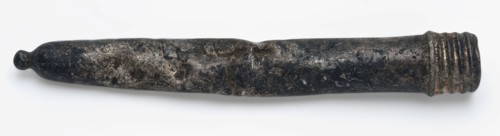 Needle tube with thread, sleeve holder soil find tin silver? metal, Dented tapered tube ending in tip. Top threaded archaeology