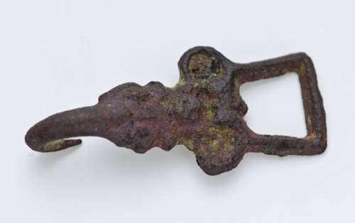 Clothes hook or cloak, embossed in relief, ending in bent point, closure clothing accessory clothing ground find copper metal