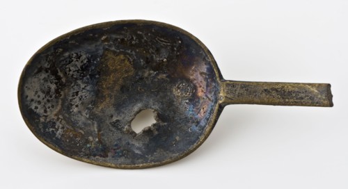 Spoon with oval bowl and flat handle, spoon cutlery soil find tin metal, Oval tray flat handle Front box smashed mark: rose