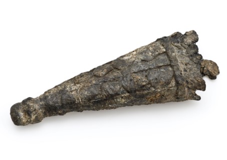 Pewter hinge, point of sheath or quiver, fitting casing soil find tin metal, cast Heft: hollow tube in point archaeological