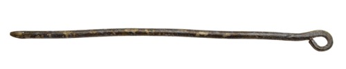 Metal locking pin with tip and curved part (eye), pin fastener part soil find copper metal, rod metal with pointed end and tip