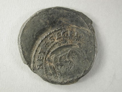 Cloth seal with Rotterdam weapon and ANDERHALF [STAEL], steel lead pinned-red cloth seal hallmark ground find lead metal, Steel