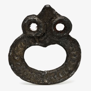 Pewter, decorated belt buckle with three eyes, buckle belt clothing accessory clothing soil find tin metal, cast Pewter buckle