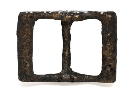 Small brass clasp, rectangular and slightly curved, clasp fastener component soil find brass metal, cast Buckle