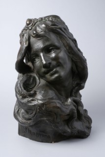 Simon Miedema, Bronzed bust of woman, laughing over her shoulder, with long hair and diadem in the hair, Delila, bust sculpture