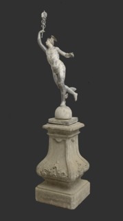 Giovanni da Bologna (kopie after:), Loden garden statue, Mercury with the staff raised, on stone pedestal, garden sculpture