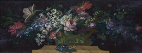 Willem van Leen, Upper door with basket filled with flowers on pedestal made of marble, still life painting footage linen paint