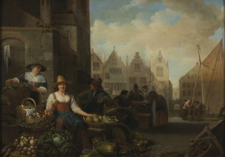 Hendrick Martensz Sorgh, The vegetable market, cityscape painting art oil painting wood gold plaster, Oil on panel lying