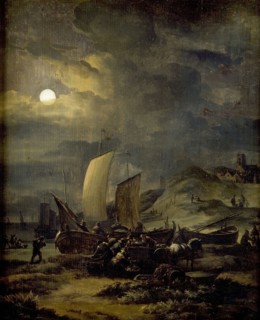 Egbert van der Poel, Beach with fishing boats by moonlight, painting footage oil painting wood, Painting: oil on panel standing