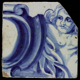 Tile of tableau in blue on white ground with repetitive pattern of front angels, amors, between cartouches, tile picture footage