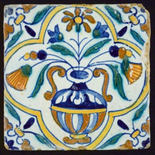 Polychrome flowerpot tile, corner motif wing leaf, wall tile tile sculpture ceramic earthenware glaze, baked 2x glazed painted