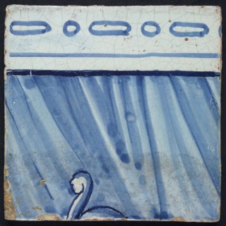 Tile of tile panel blue, white ground, parts of two consecutive biblical scenes, upper edge of men behind curtain, and helmet