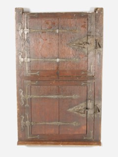 Window with intermediate threshold and two hinged windows with stained glass, stained glass window building part wood oak wood