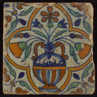 Polychrome flowerpot tile, corner motif wing leaf, wall tile tile sculpture ceramics pottery glaze, baked 2x glazed painted
