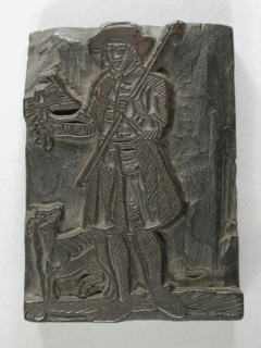 E. de Bont, Wooden cliché for an image of custodian for New Year's wish, cliché printing equipment wood, cutting Wooden cliché