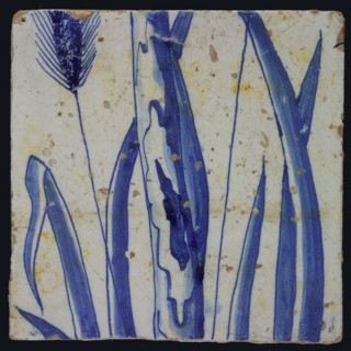 Blue tile with stems and ear of corn left, possibly belonging to chimney pilaster with 13 tiles, tree of bunches of grapes