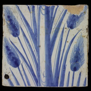 Blue tile with trunk, ears of corn, leaf, of chimney pilaster with 13 tiles, tree of bunches of grapes with birds, grain