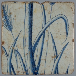 Blue tile with two ears of corn, leaf and stem, of chimney pilaster with 13 tiles, tree of bunches of grapes with birds, grain
