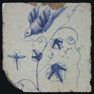 Blue tile with bird in flight to flying dragonfly, grape leaves, chimney pilaster with 13 tiles, tree of bunches of grapes