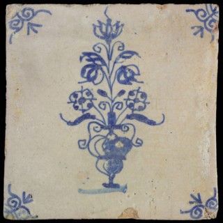 Flower tile, flowerpot in blue on white, corner motif of ox's head, wall tile tile sculpture ceramic earthenware glaze, baked 2x