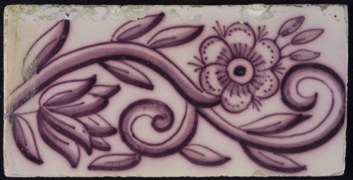 Verwijk, Van Traa, Border tile, purple on white, curled foliage with flowers, border tile wall tile tile sculpture ceramic