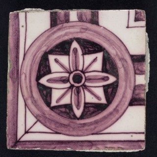Square purple corner border tile with column halftone, stylized flower in square inside circle, border tile wall tile