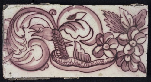 Rectangular edge tile in purple with sling of leaves, flowers and twisted snake with scales and fin, edge tile wall tile tile
