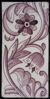 Rectangular edge tile in purple with hinged decor of tulip, with flower of ten oval petals, leaves, type of tulip fawn, yellow