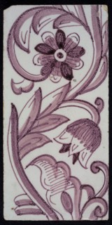Rectangular edge tile in purple with tulip decor, with flower of ten oval petals, leaves, type of tulip fawn, yellow pottery