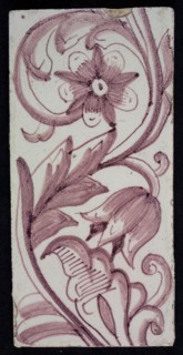 Rectangular edge tile in purple with tulip decor, with light colored flower with 10 oval petals, leaves, tulip fin, yellow