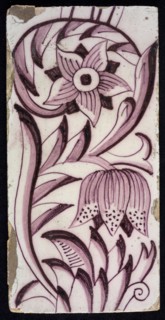 Rectangular edge tile in purple with sling decor of speckled tulip, flower with ten triangular petals, leaves, type of tulip