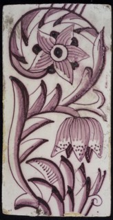 Rectangular edge tile in purple with sling decor of speckled tulip, flower with ten triangular petals, leaves, type of tulip