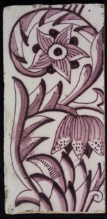 Rectangular edge tile in purple with sling decor of speckled tulip, flower with ten triangular petals, leaves, type tulip fawn
