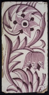 Rectangular edge tile in purple with sling decor of speckled tulip, flower with ten triangular petals, leaves, type of tulip