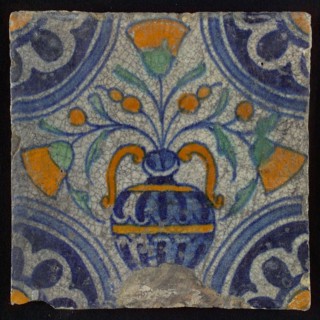 Tile, blue pull, orange, yellow and green on white, central flowerpot with marigolds, corner pattern, rosette, wall tile