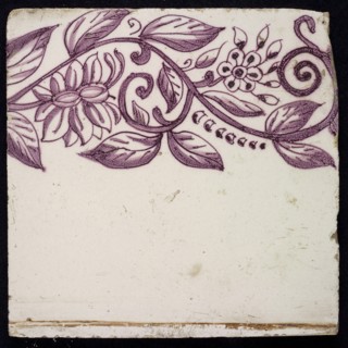 Border tile in purple with sling decoration of two flowers, leaves, yellow pottery, edge tile wall tile tile sculpture ceramic