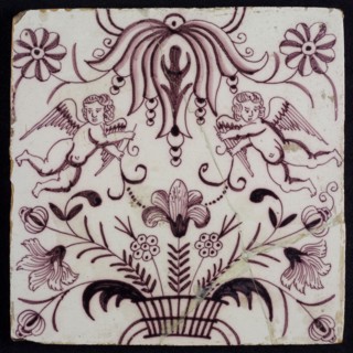 Light purple tile, two twisting angels with flower in hand, flower vase with different flowers, two types of flowers as corner